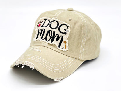 "Dog Mom" Paw and Bone Vintage Distressed Embroidered Baseball Cap For Women - 100% Cotton, Breathable, Casual, Adjustable, UV Protection