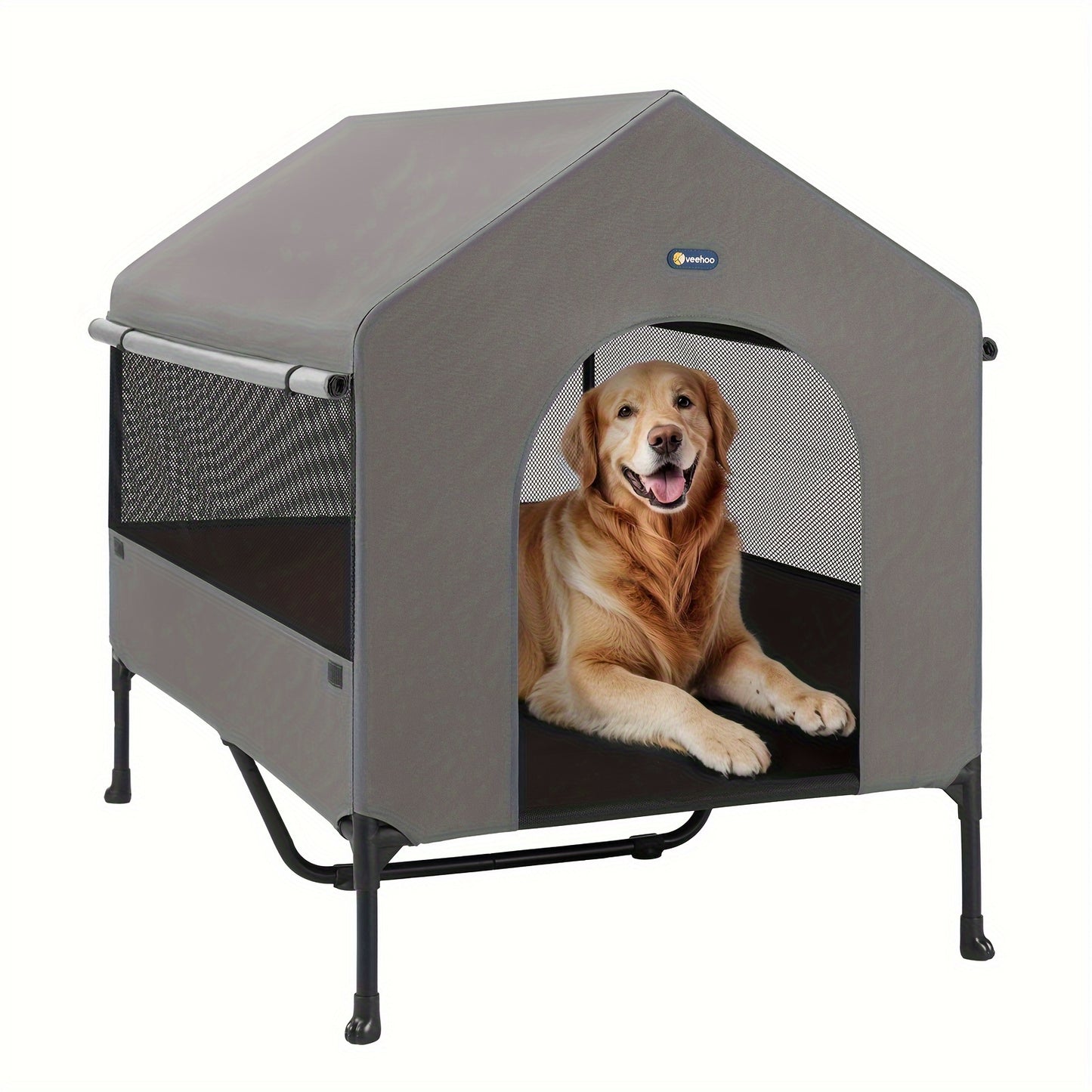 Veehoo 2-in-1 Elevated Dog House - Weatherproof Metal Frame, Breathable Mesh Windows and Sunshade Canopy