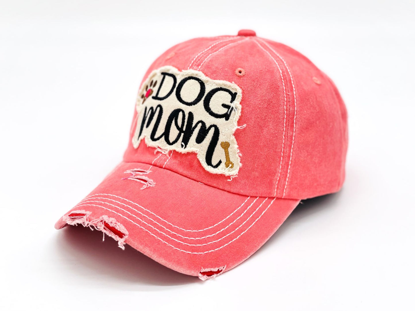 "Dog Mom" Paw and Bone Vintage Distressed Embroidered Baseball Cap For Women - 100% Cotton, Breathable, Casual, Adjustable, UV Protection