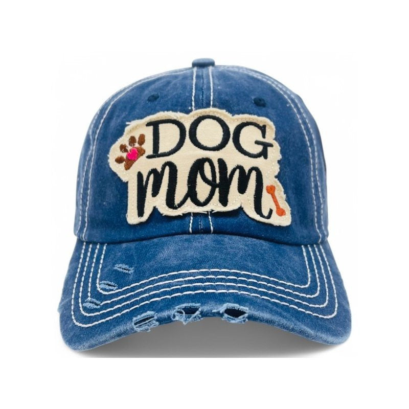 "Dog Mom" Paw and Bone Vintage Distressed Embroidered Baseball Cap For Women - 100% Cotton, Breathable, Casual, Adjustable, UV Protection