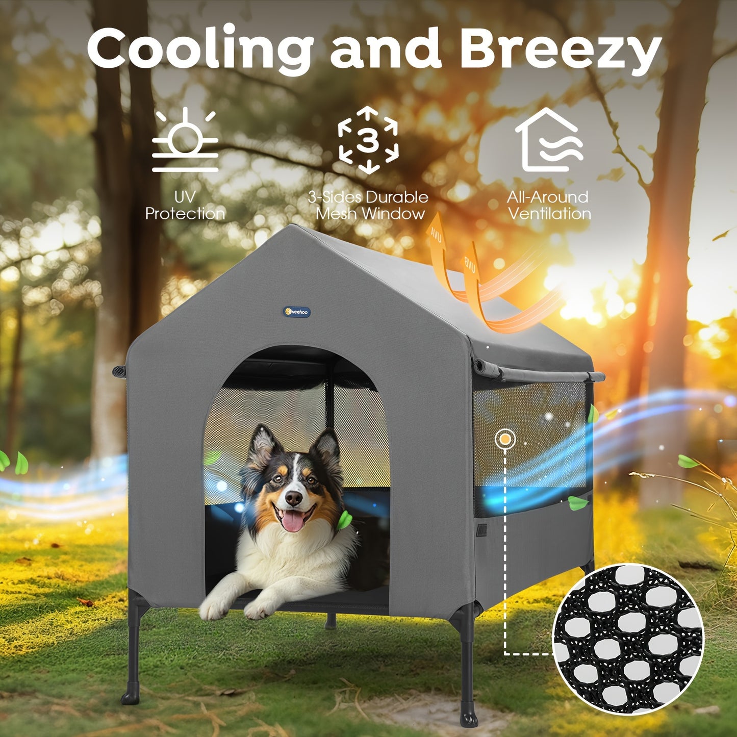 Veehoo 2-in-1 Elevated Dog House - Weatherproof Metal Frame, Breathable Mesh Windows and Sunshade Canopy