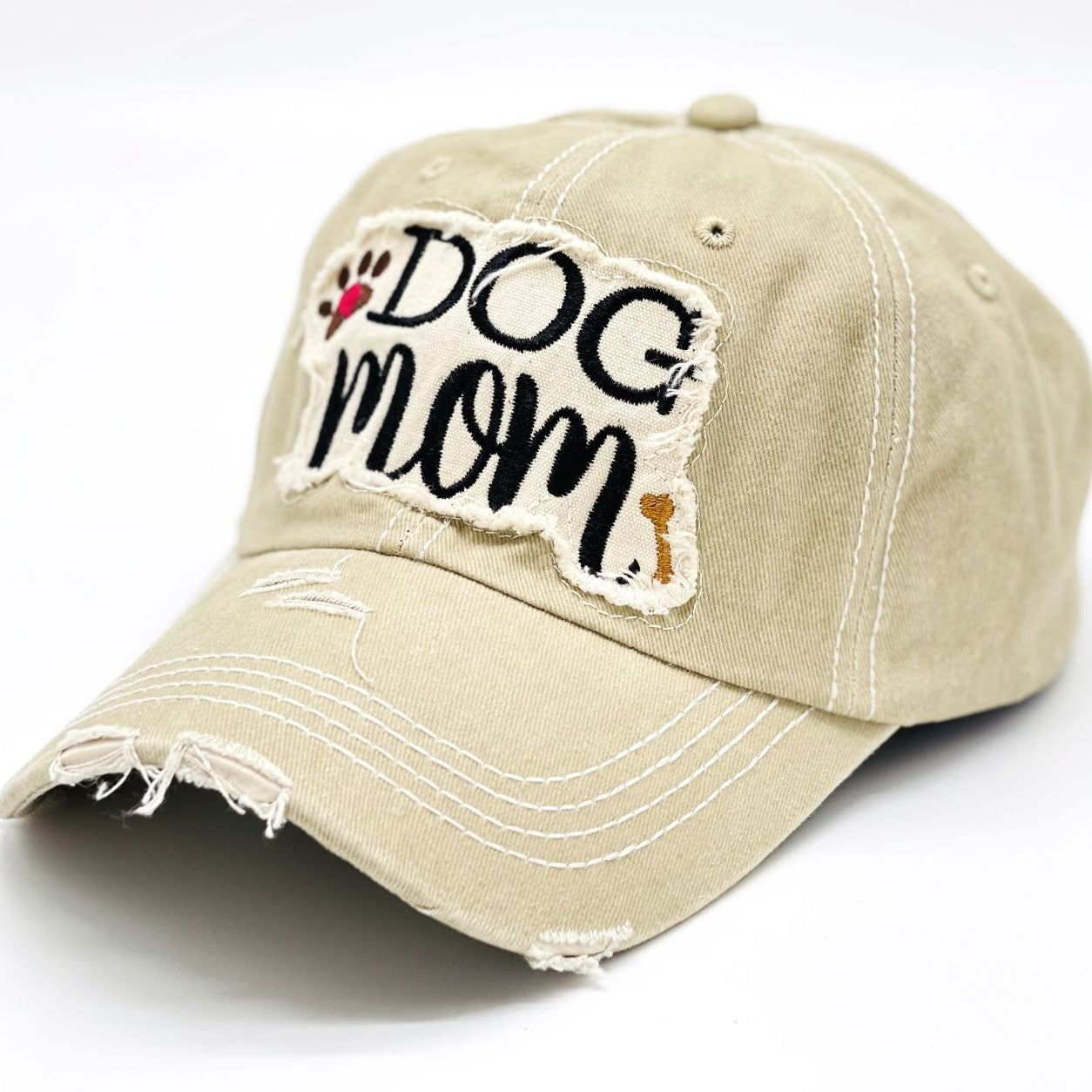 "Dog Mom" Paw and Bone Vintage Distressed Embroidered Baseball Cap For Women - 100% Cotton, Breathable, Casual, Adjustable, UV Protection