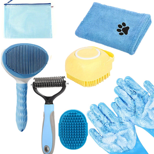 7pcs Dog Grooming Kit: Shedding Control Bath Brush, Double Sided Undercoat Rake, Towel Tool, & Washing Gloves For A Shiny Coat Ideal For Hair Control & Bathing Pets