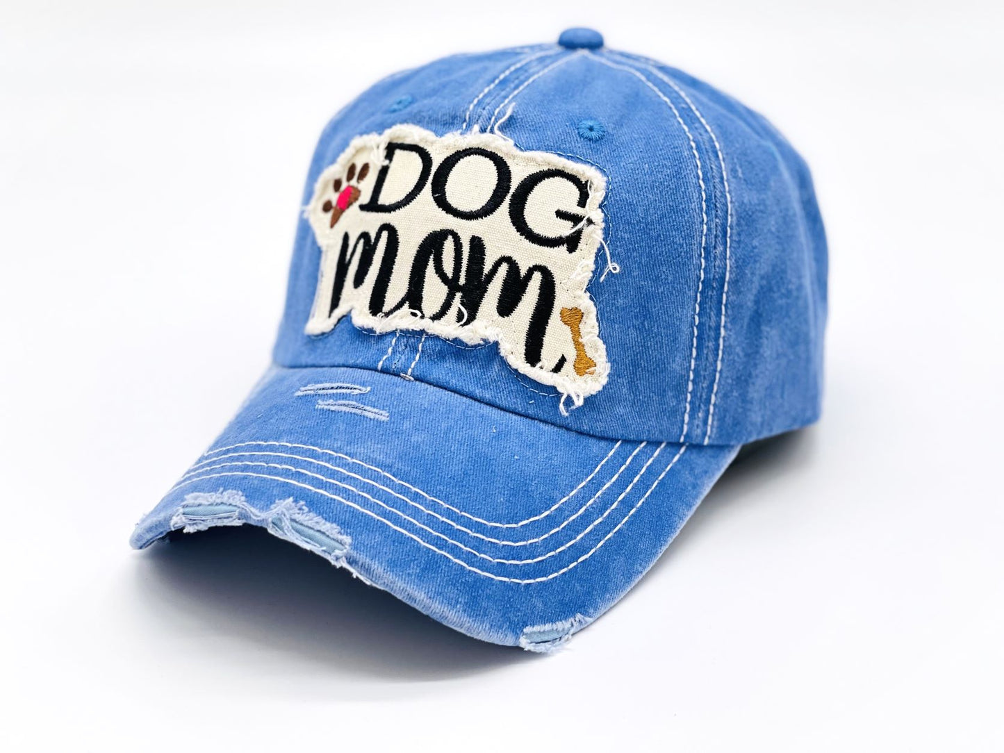 "Dog Mom" Paw and Bone Vintage Distressed Embroidered Baseball Cap For Women - 100% Cotton, Breathable, Casual, Adjustable, UV Protection