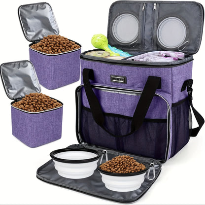 Dog Travel Bag, Pet Travel Bag with 2 Pet Food Containers and 2 Collapsible Silicone Bowls