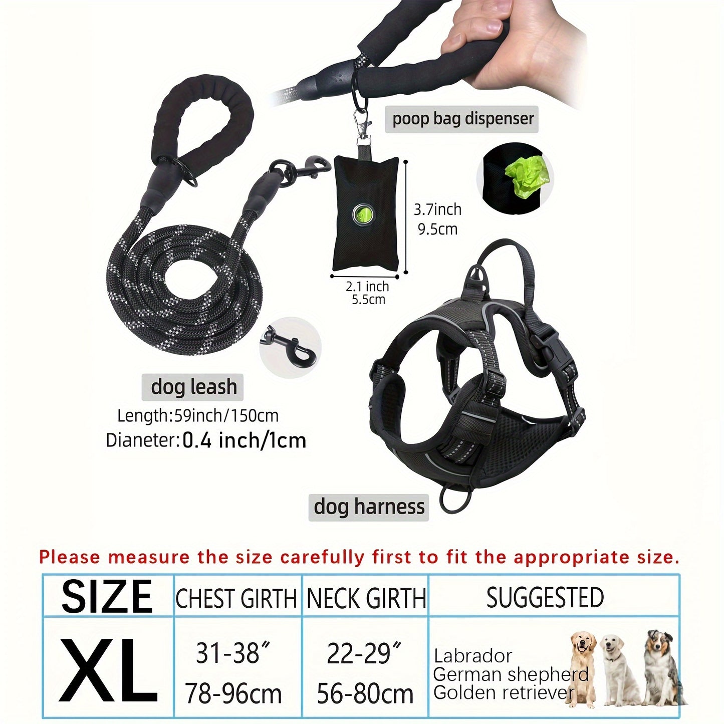 3pcs Adjustable Escape-Proof Dog Harness Set – Walking Leash with Poop Bag Dispenser