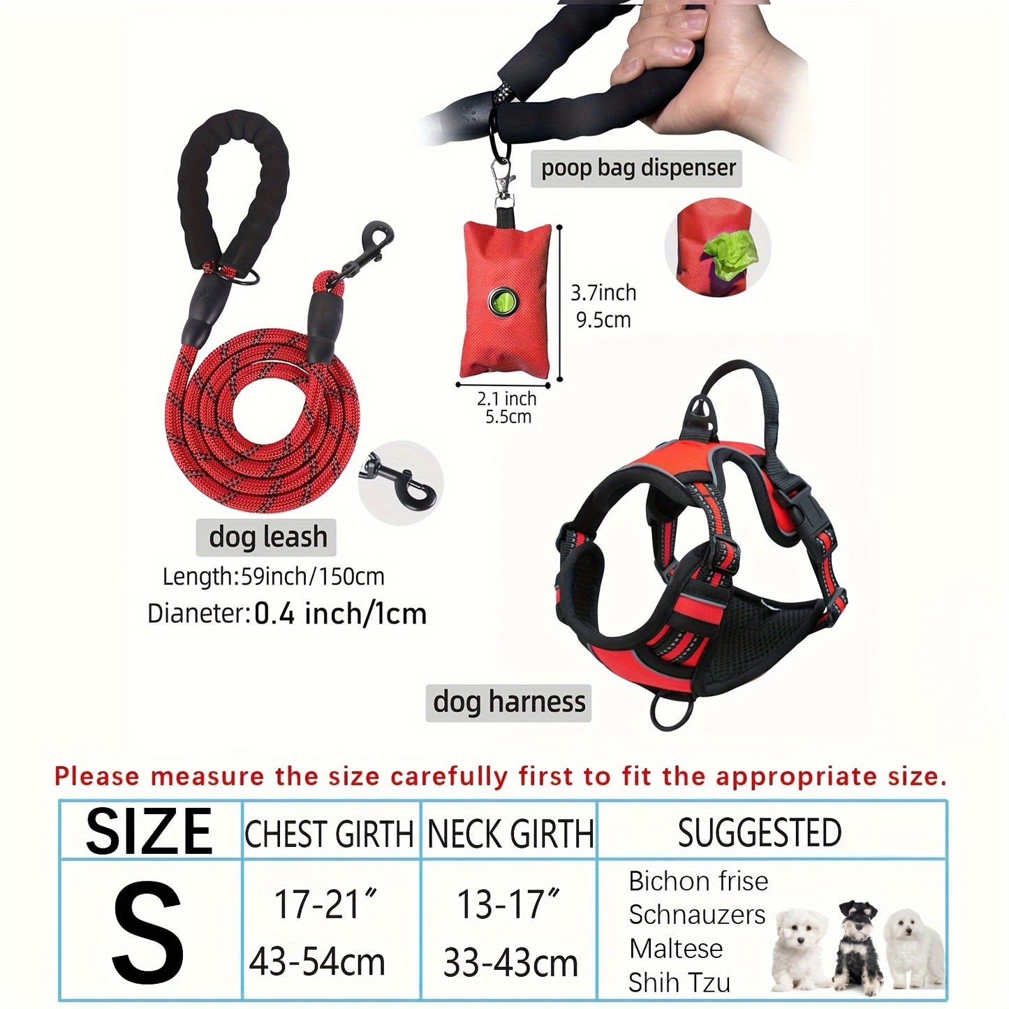 3pcs Adjustable Escape-Proof Dog Harness Set – Walking Leash with Poop Bag Dispenser