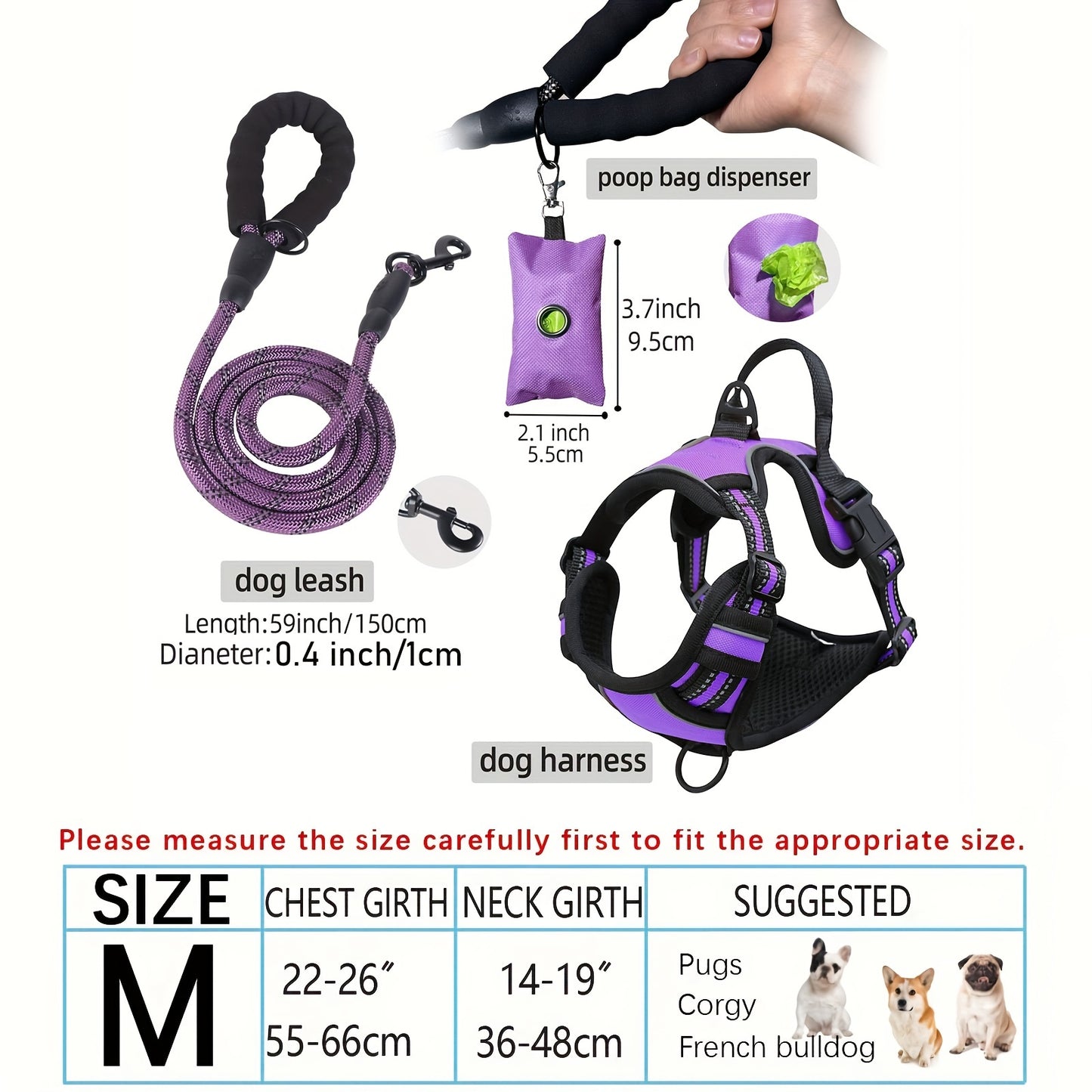 3pcs Adjustable Escape-Proof Dog Harness Set – Walking Leash with Poop Bag Dispenser