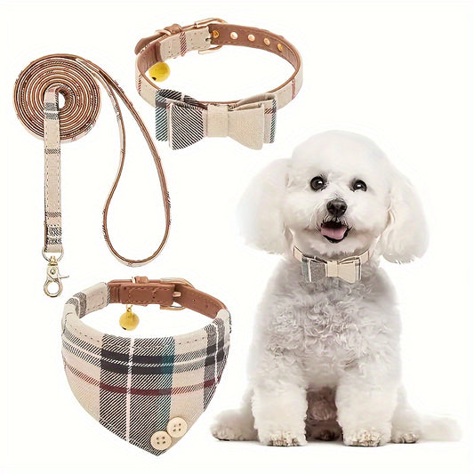 Classic Puppy Plaid Pet Collar Traction Set Dog Triangle Scarf Collar Bow