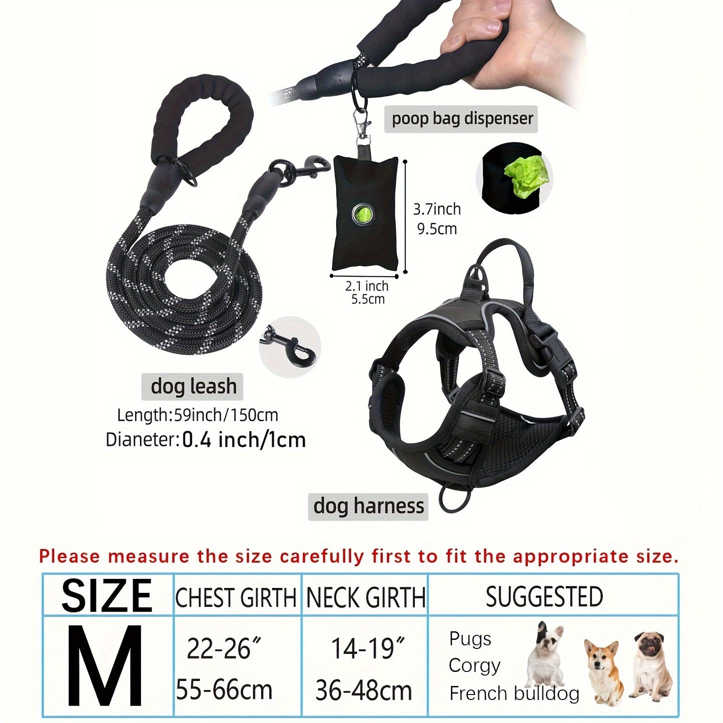 3pcs Adjustable Escape-Proof Dog Harness Set – Walking Leash with Poop Bag Dispenser