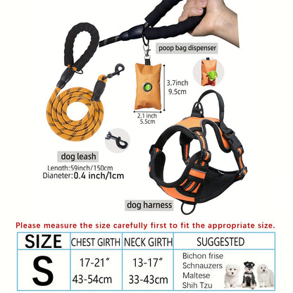 3pcs Adjustable Escape-Proof Dog Harness Set – Walking Leash with Poop Bag Dispenser