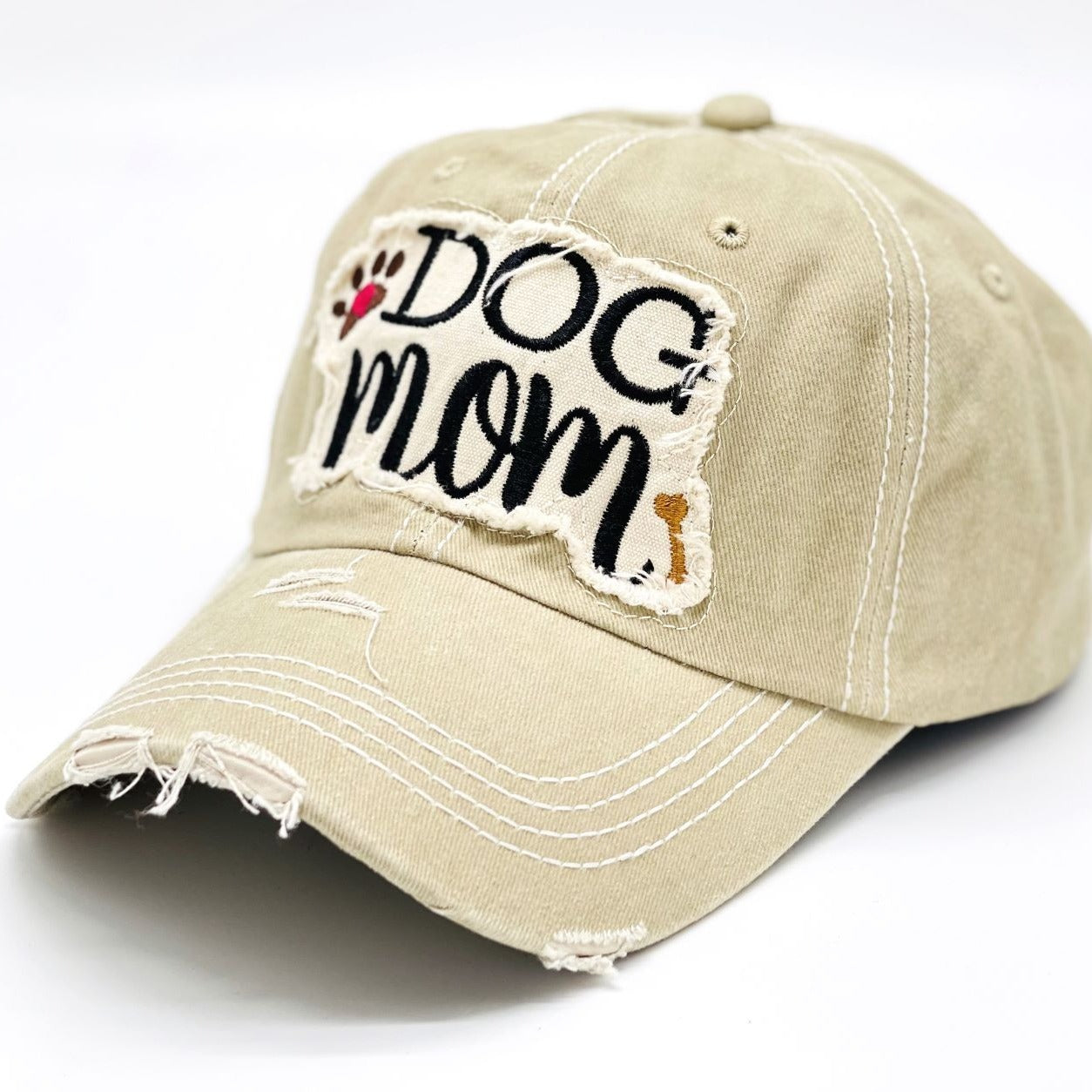 "Dog Mom" Paw and Bone Vintage Distressed Embroidered Baseball Cap For Women - 100% Cotton, Breathable, Casual, Adjustable, UV Protection