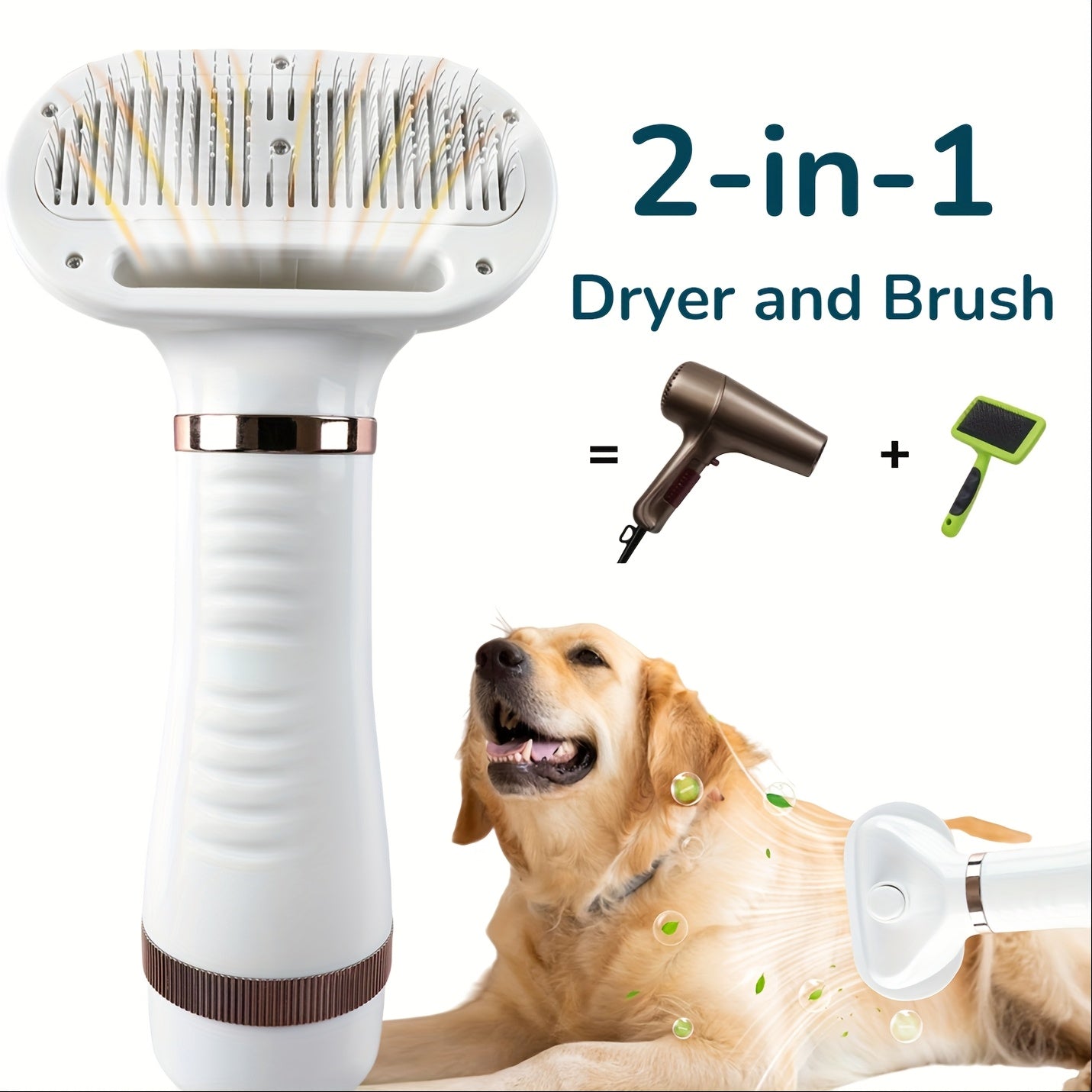 [2-in-1 Pet Blow Dryer] 2-in-1 Dog Hair Dryer - Portable Pet Blow Dryer And Self-Cleaning Grooming Brush For Fast Drying And Grooming