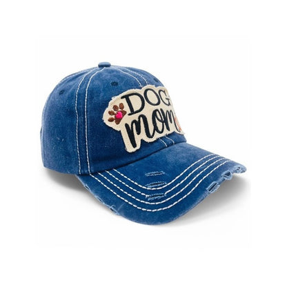 "Dog Mom" Paw and Bone Vintage Distressed Embroidered Baseball Cap For Women - 100% Cotton, Breathable, Casual, Adjustable, UV Protection