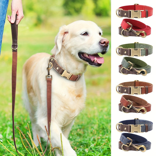 Retro Color Matching PU Leather Pet Collar & Leash Set – Durable Nylon Lined for All Dog Sizes