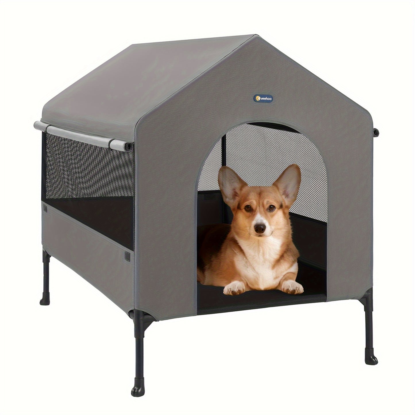 Veehoo 2-in-1 Elevated Dog House - Weatherproof Metal Frame, Breathable Mesh Windows and Sunshade Canopy