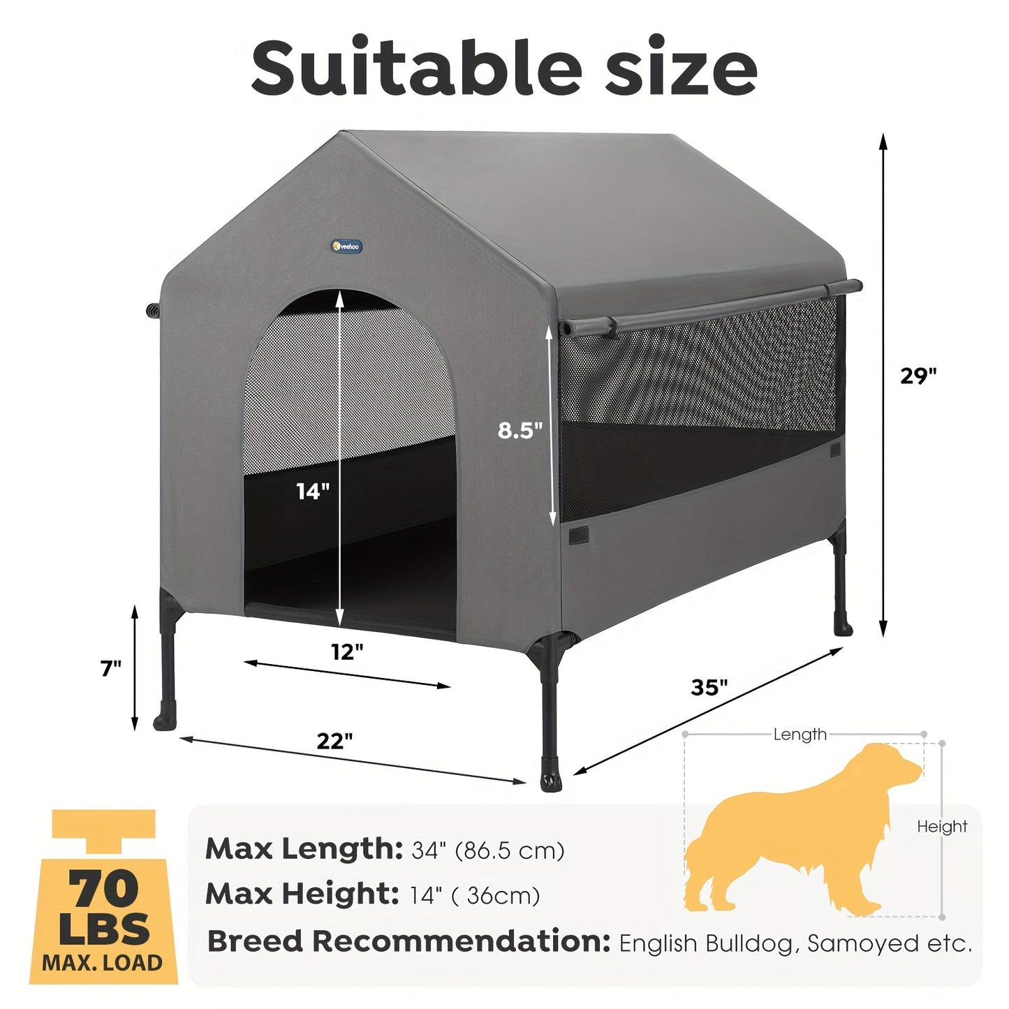 Veehoo 2-in-1 Elevated Dog House - Weatherproof Metal Frame, Breathable Mesh Windows and Sunshade Canopy