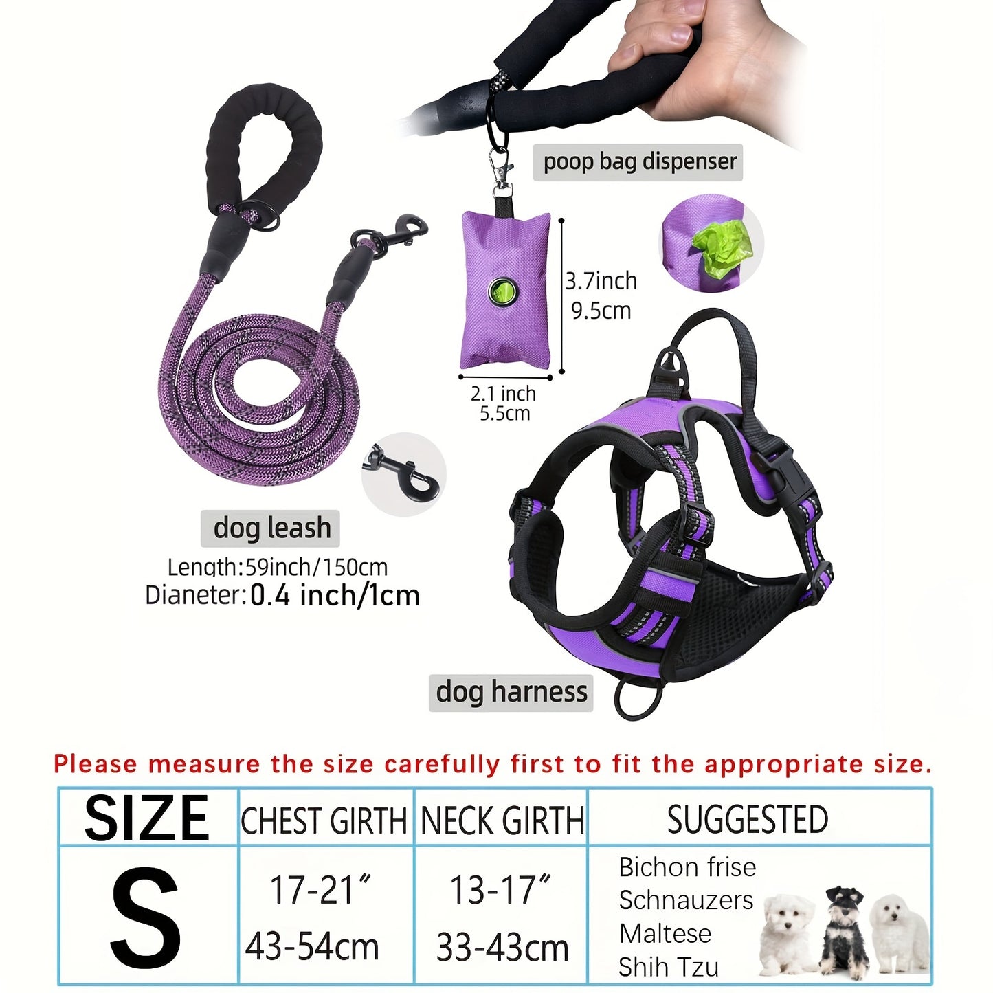 3pcs Adjustable Escape-Proof Dog Harness Set – Walking Leash with Poop Bag Dispenser