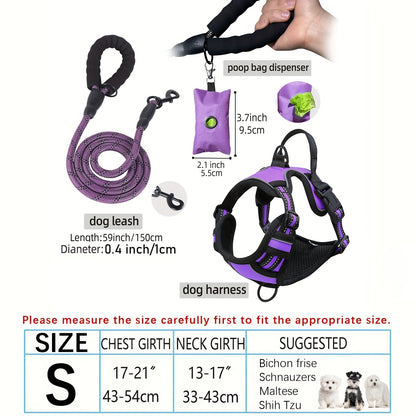 3pcs Adjustable Escape-Proof Dog Harness Set – Walking Leash with Poop Bag Dispenser