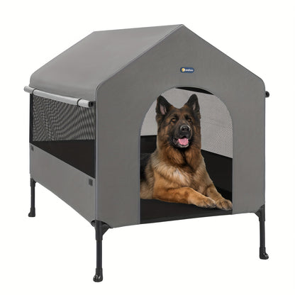 Veehoo 2-in-1 Elevated Dog House - Weatherproof Metal Frame, Breathable Mesh Windows and Sunshade Canopy