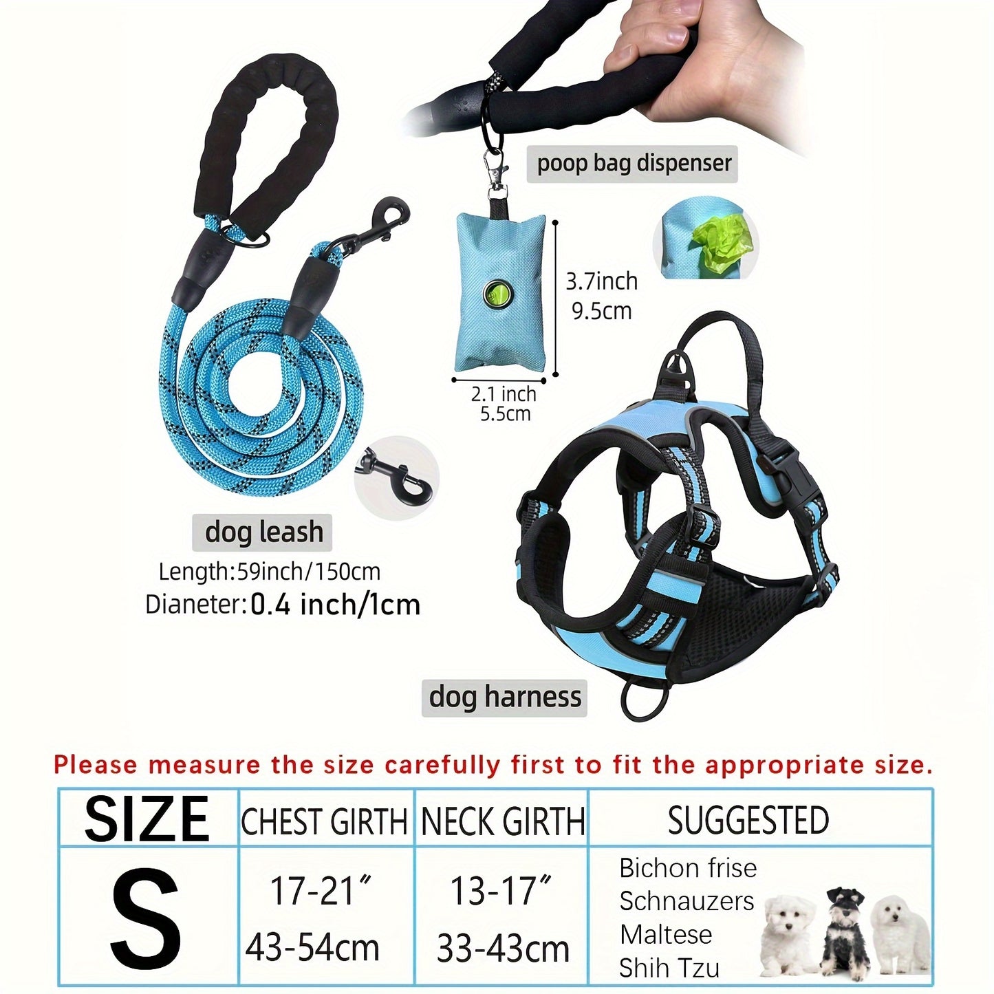 3pcs Adjustable Escape-Proof Dog Harness Set – Walking Leash with Poop Bag Dispenser