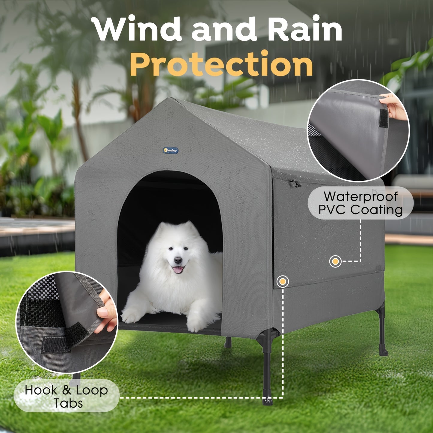 Veehoo 2-in-1 Elevated Dog House - Weatherproof Metal Frame, Breathable Mesh Windows and Sunshade Canopy