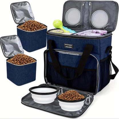 Dog Travel Bag, Pet Travel Bag with 2 Pet Food Containers and 2 Collapsible Silicone Bowls