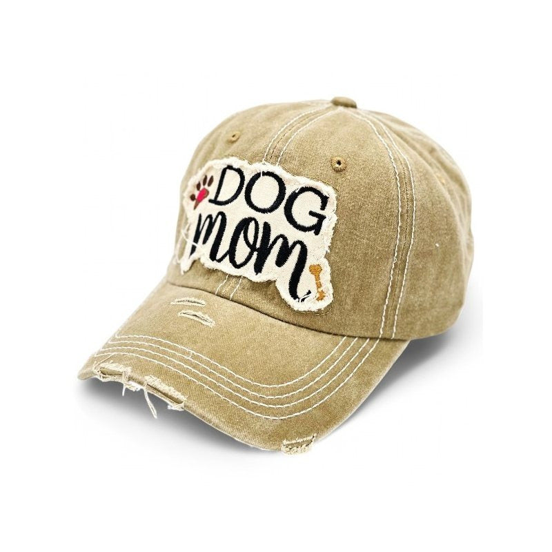 "Dog Mom" Paw and Bone Vintage Distressed Embroidered Baseball Cap For Women - 100% Cotton, Breathable, Casual, Adjustable, UV Protection