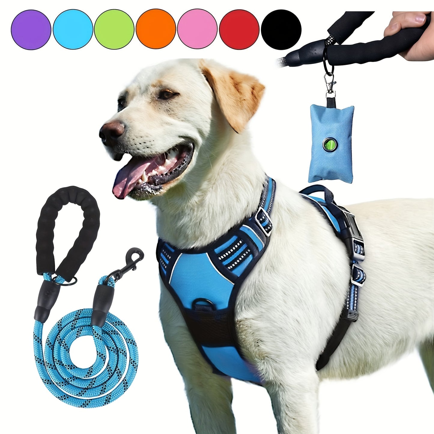 3pcs Adjustable Escape-Proof Dog Harness Set – Walking Leash with Poop Bag Dispenser