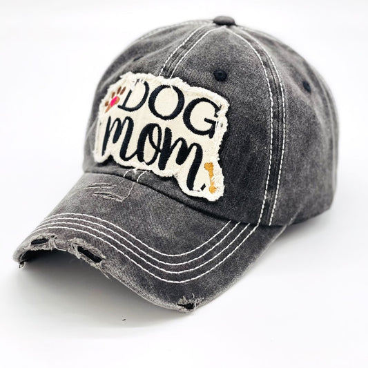 "Dog Mom" Paw and Bone Vintage Distressed Embroidered Baseball Cap For Women - 100% Cotton, Breathable, Casual, Adjustable, UV Protection