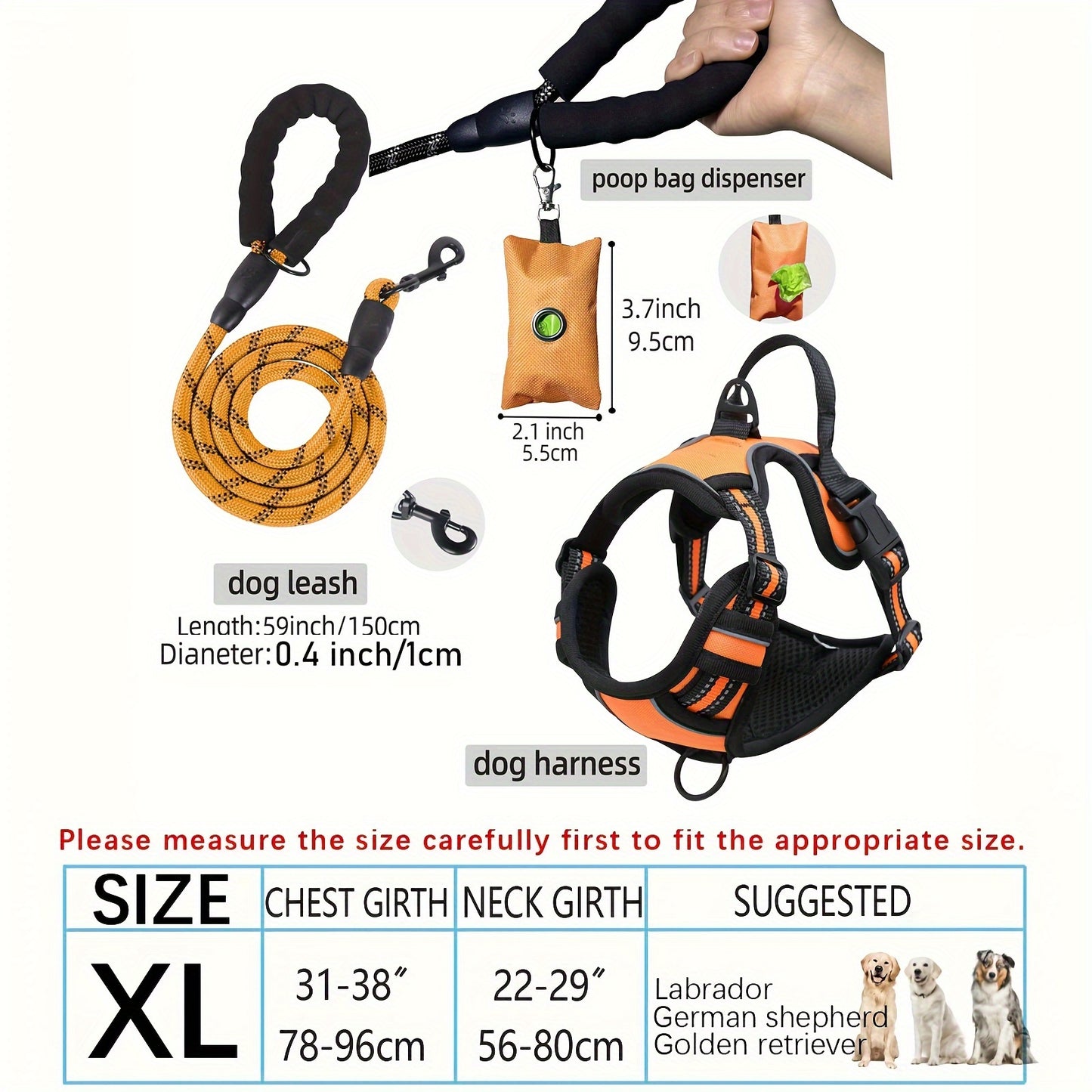 3pcs Adjustable Escape-Proof Dog Harness Set – Walking Leash with Poop Bag Dispenser