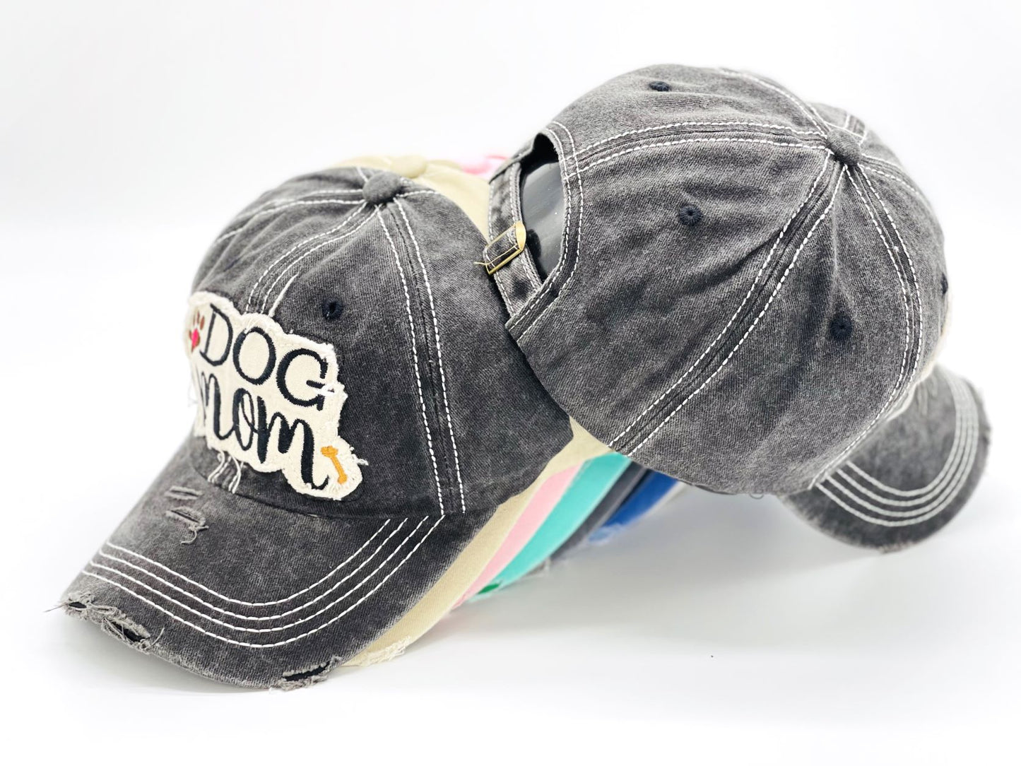 "Dog Mom" Paw and Bone Vintage Distressed Embroidered Baseball Cap For Women - 100% Cotton, Breathable, Casual, Adjustable, UV Protection