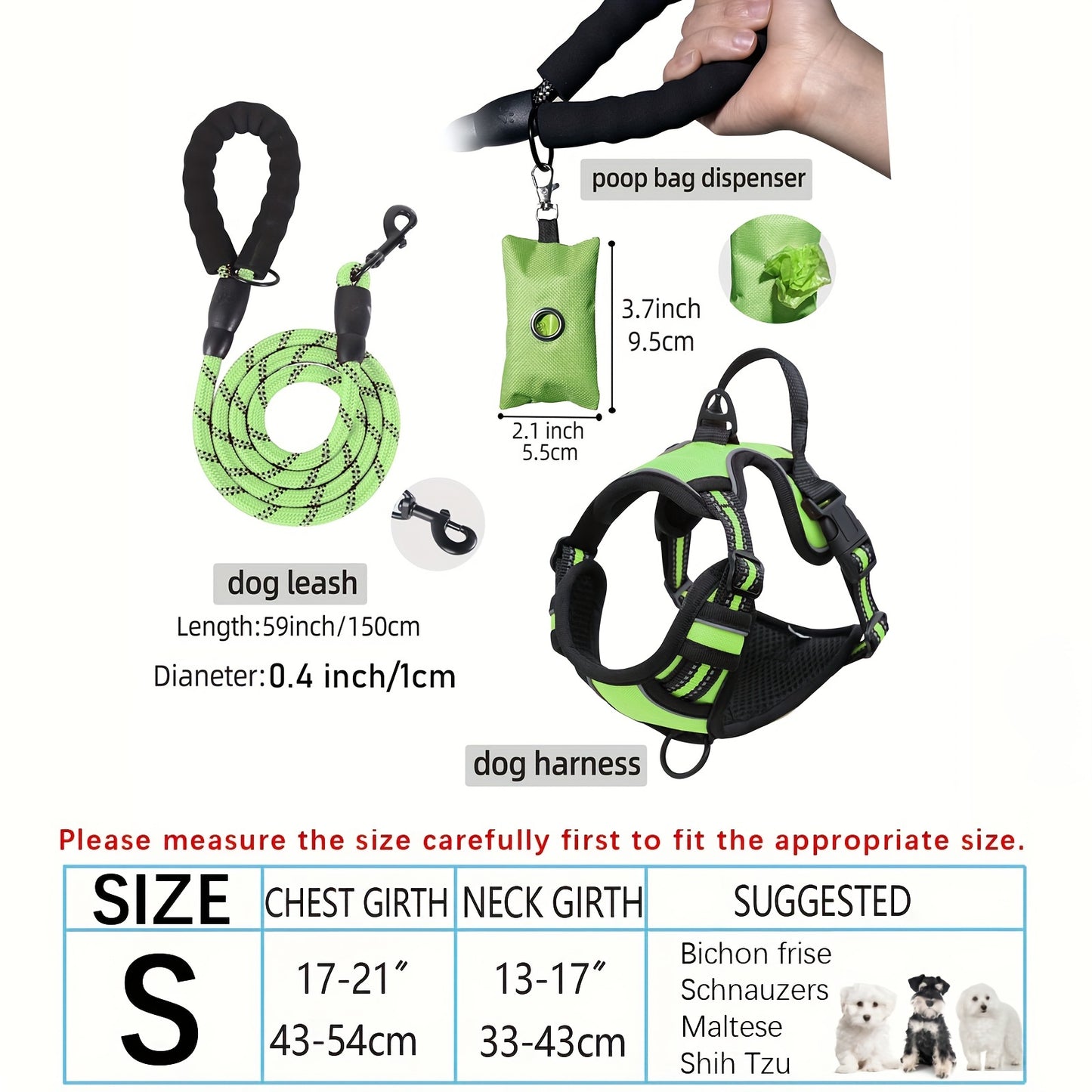 3pcs Adjustable Escape-Proof Dog Harness Set – Walking Leash with Poop Bag Dispenser