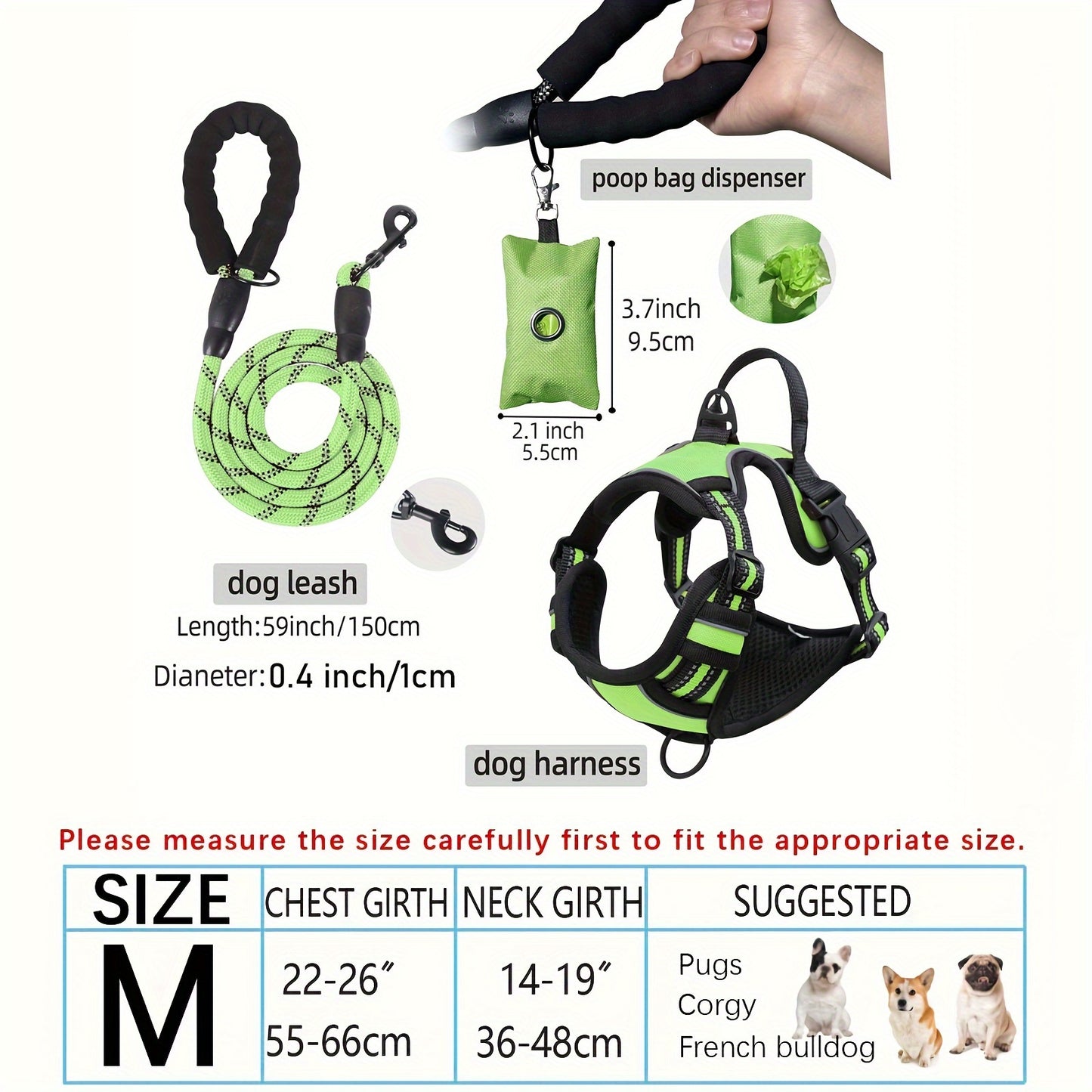 3pcs Adjustable Escape-Proof Dog Harness Set – Walking Leash with Poop Bag Dispenser