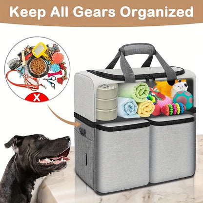 Dual Layers Dog Travel Bag with 2 Extra Large Food Containers, 2 Collapsible Dog Bowls, Multi-Pockets Tote Organizer