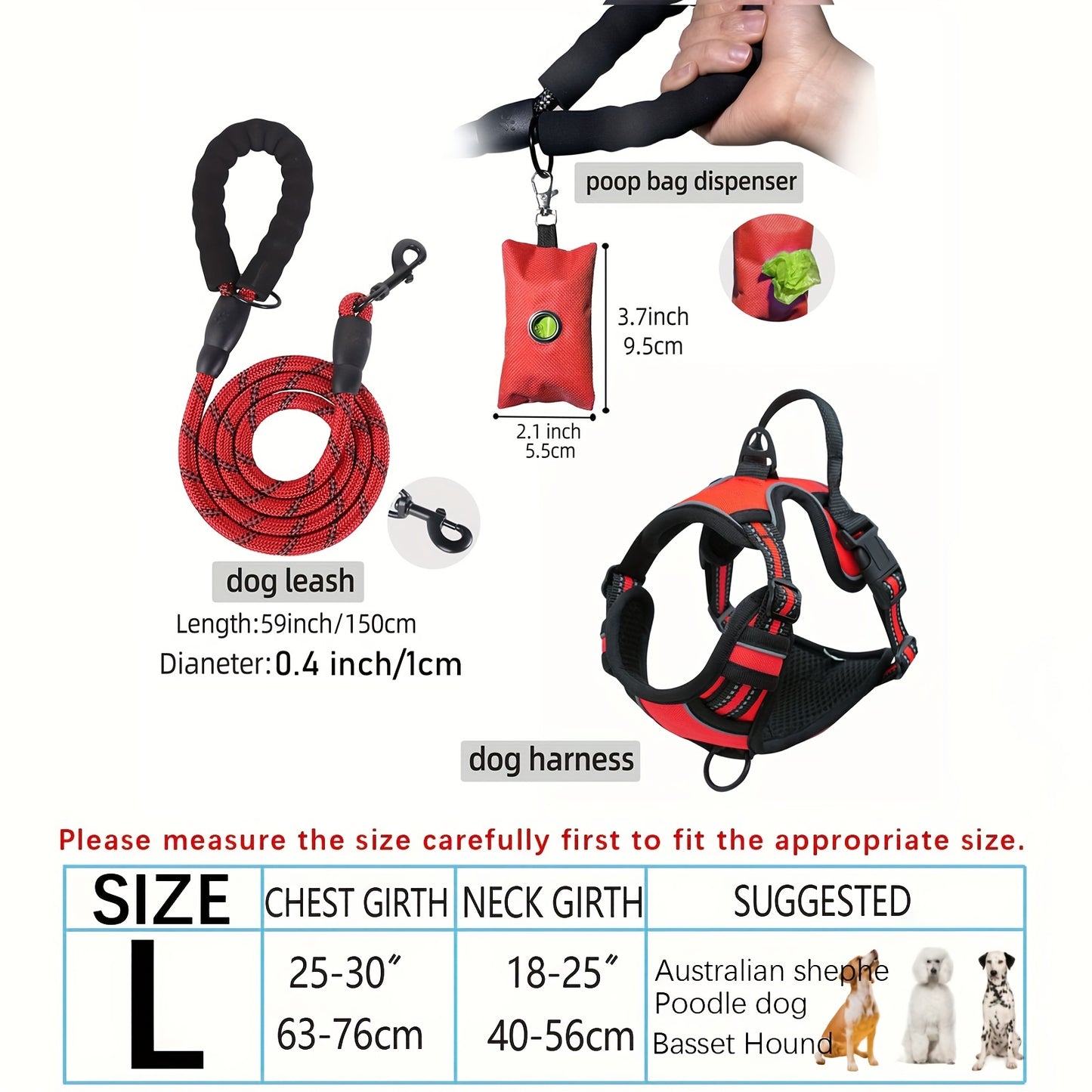 3pcs Adjustable Escape-Proof Dog Harness Set – Walking Leash with Poop Bag Dispenser