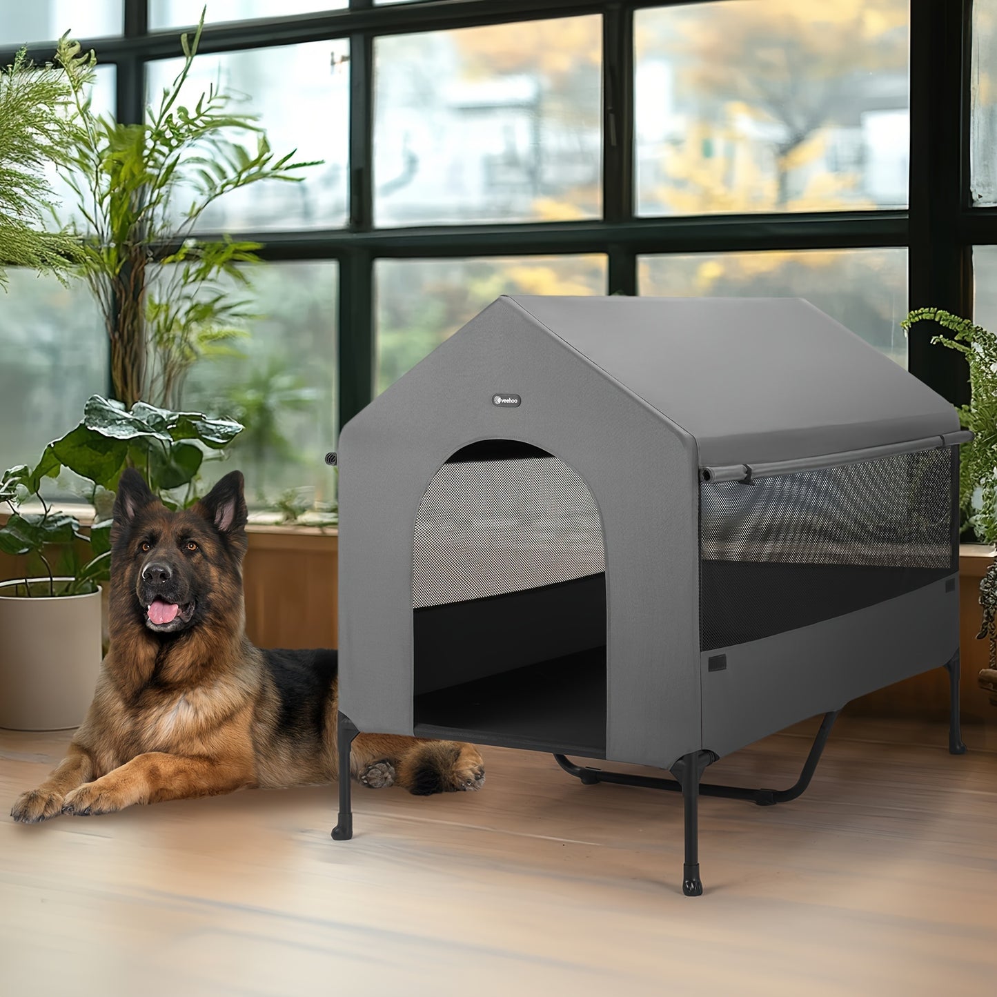 Veehoo 2-in-1 Elevated Dog House - Weatherproof Metal Frame, Breathable Mesh Windows and Sunshade Canopy