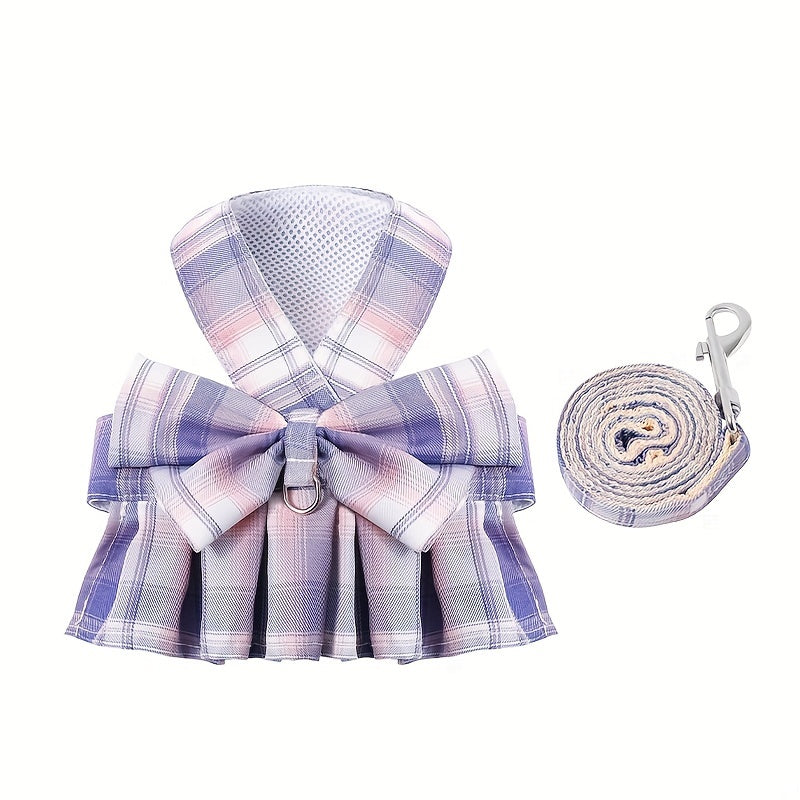 Small Dog Plaid Dress Harness and Leash Set