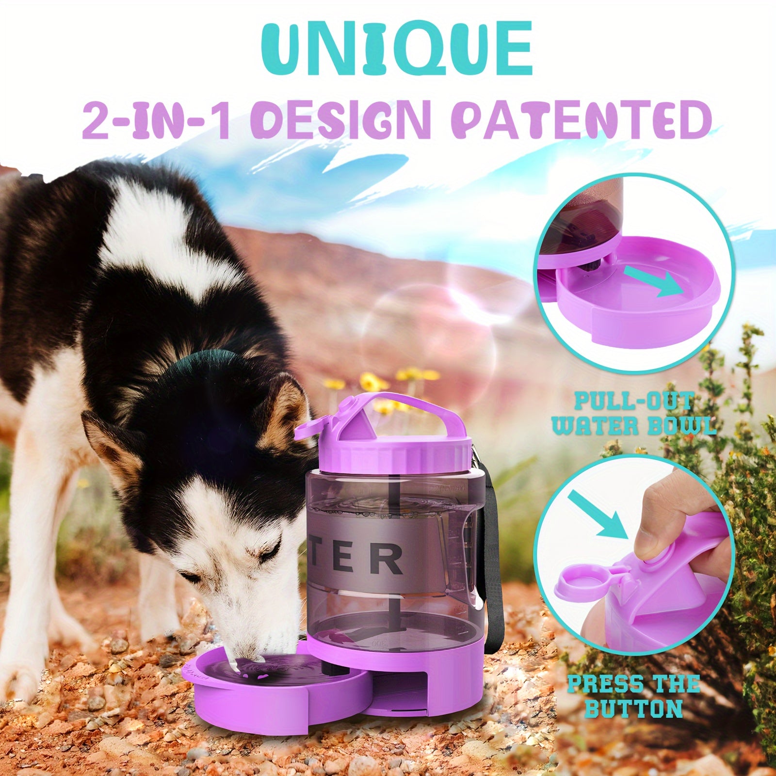 LESOTC 74oz Purple Dog Water Bottle with Pull-Out Bowl - Large Capacity, Portable Hydration for Travel, Camping & Park Play - Ideal for All Sizes (Large, Medium, Small) - Easy-to-Use Design with Capacity Markings, Pet Travel