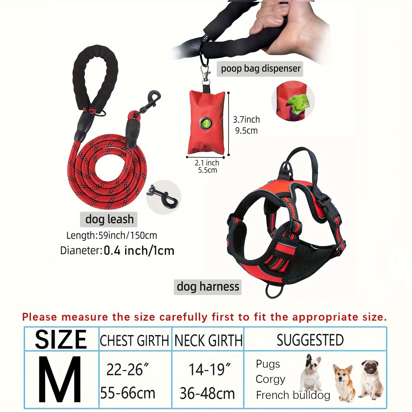 3pcs Adjustable Escape-Proof Dog Harness Set – Walking Leash with Poop Bag Dispenser