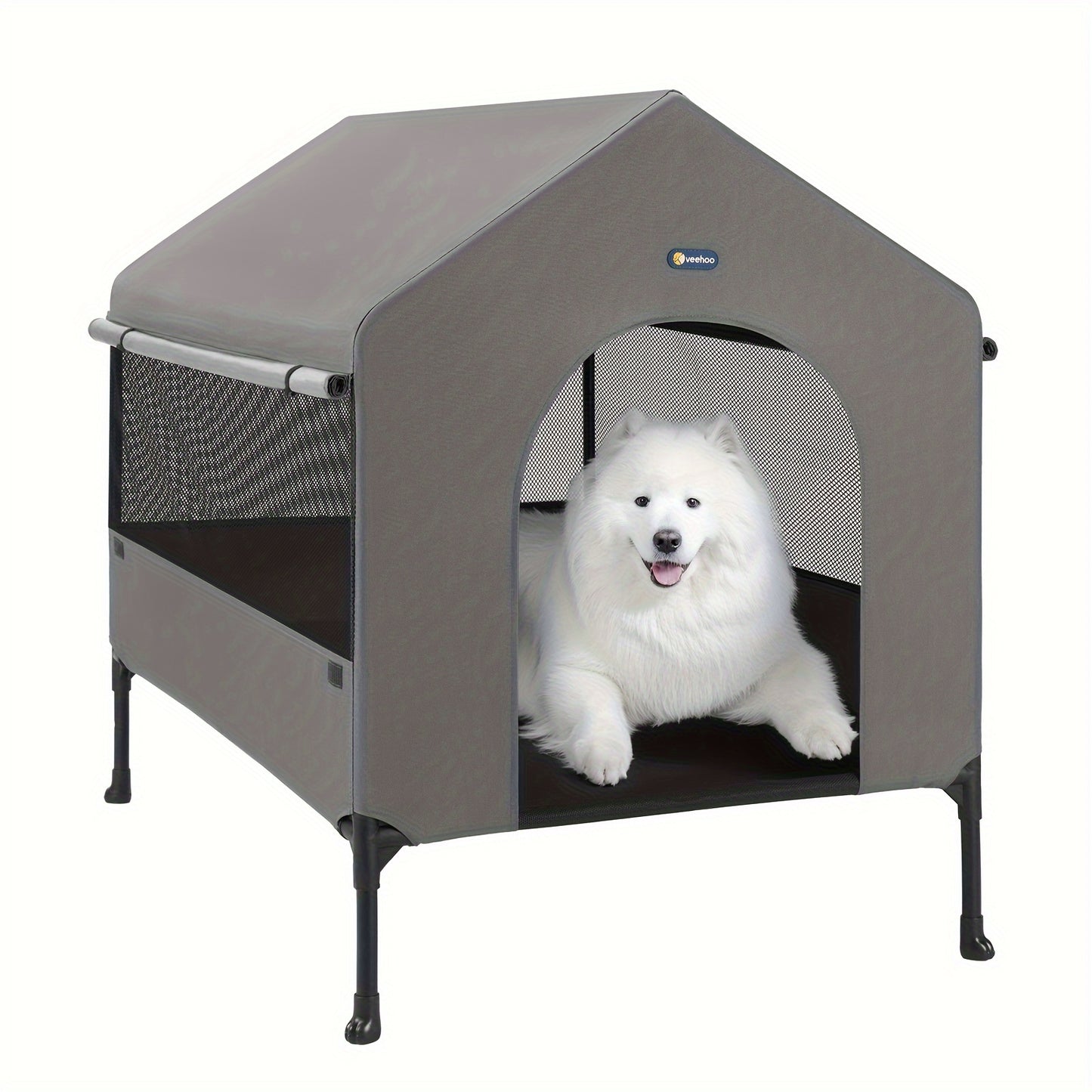 Veehoo 2-in-1 Elevated Dog House - Weatherproof Metal Frame, Breathable Mesh Windows and Sunshade Canopy