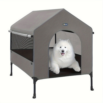 Veehoo 2-in-1 Elevated Dog House - Weatherproof Metal Frame, Breathable Mesh Windows and Sunshade Canopy