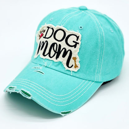 "Dog Mom" Paw and Bone Vintage Distressed Embroidered Baseball Cap For Women - 100% Cotton, Breathable, Casual, Adjustable, UV Protection