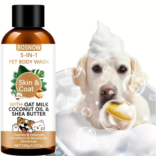 BOSNOW 5-in-1 Pet Body Wash, 100g, Gentle Cleaning with Oat Milk, Coconut Oil & Shea Butter, Refreshing Fragrance, Hair Care, Smooth & Shiny Coat, Easy Comb, Long-Lasting Fluffy - Universal Suitability, Adult Stage