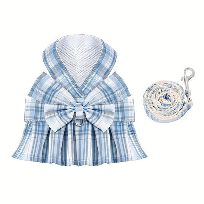 Small Dog Plaid Dress Harness and Leash Set