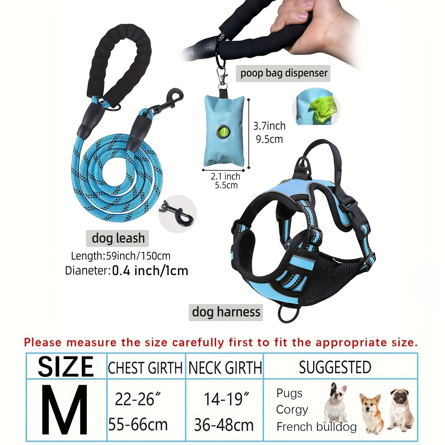 3pcs Adjustable Escape-Proof Dog Harness Set – Walking Leash with Poop Bag Dispenser