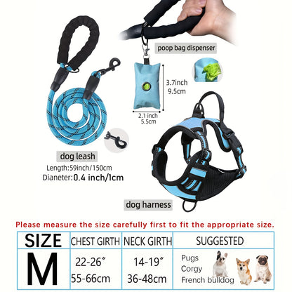 3pcs Adjustable Escape-Proof Dog Harness Set – Walking Leash with Poop Bag Dispenser