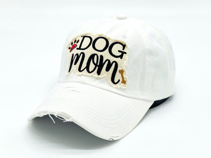 "Dog Mom" Paw and Bone Vintage Distressed Embroidered Baseball Cap For Women - 100% Cotton, Breathable, Casual, Adjustable, UV Protection