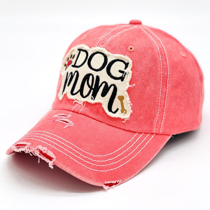 "Dog Mom" Paw and Bone Vintage Distressed Embroidered Baseball Cap For Women - 100% Cotton, Breathable, Casual, Adjustable, UV Protection