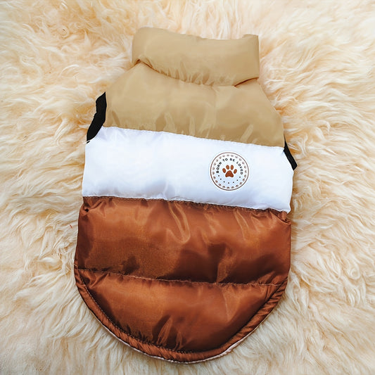 Color-Block Windproof Winter Pet Jacket for Dogs and Cats - Beige, White, Brown Striped Design with Paw Print Logo, Cozy Polyester Material, Machine Washable, Ideal for Small to Medium Breeds, Outdoor Pet Gear | Pet friendly